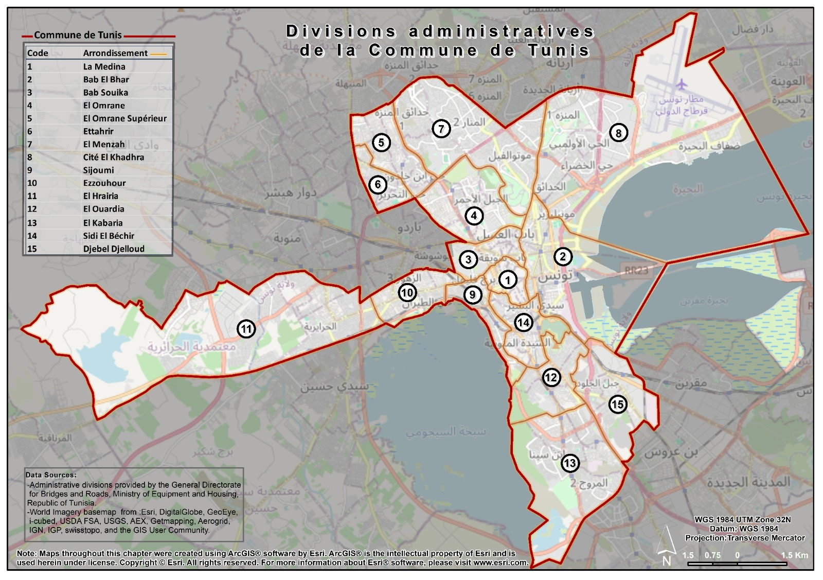 Carte de la commune de Tunis et de ses 15 arrondissements